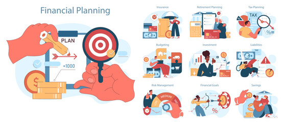 Financial planning set. Strategic financial planning and effective money management. Achieving financial goals and ensuring economic stability. Flat vector illustration - obrazy, fototapety, plakaty
