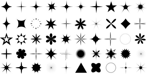 Shine stars shape icons, sparkling, geometric shapes symbols. Glow shiny icons for party or greeting cards. Vector illustration - obrazy, fototapety, plakaty