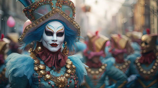 Horizontal medium close up medium adult woman in costume at a carnival parade. Tradition concept.