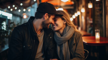 Beautiful young couple in love is hugging and smiling while spending time together in the city. - obrazy, fototapety, plakaty