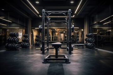 Gym with barbells and different equipment, luxurious aesthetic, created with AI