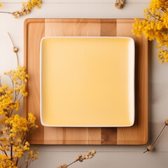 Empty mockup plate background design for social media post in square frame with blank space for text. Template for food commercial post. Yellow square dish on wooden tray with flowers. - obrazy, fototapety, plakaty