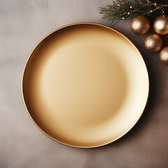 Empty mockup plate background design for social media post in square frame with blank space for text. Template for food commercial post. Golden dish on table with flowers.