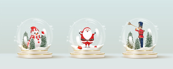 Set of transparent snow globes with snow, trees toy soldier, Santa Claus  and snowman.	