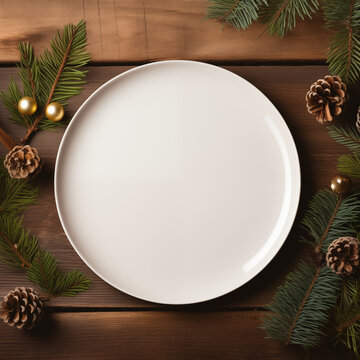 Empty mockup plate background design for social media post in square frame with blank space for text. Template for food commercial post. White dish on wooden desk with Christmas ornaments.