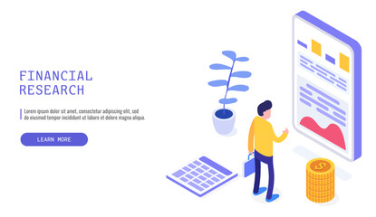 Financial management research, business solution. Man looking on financial graphs. Isometric vector web banner.