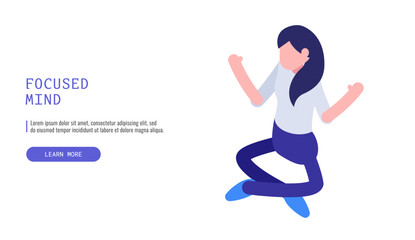 Focused Mind concept. Woman meditating in lotus position. Isometric vector illustration.