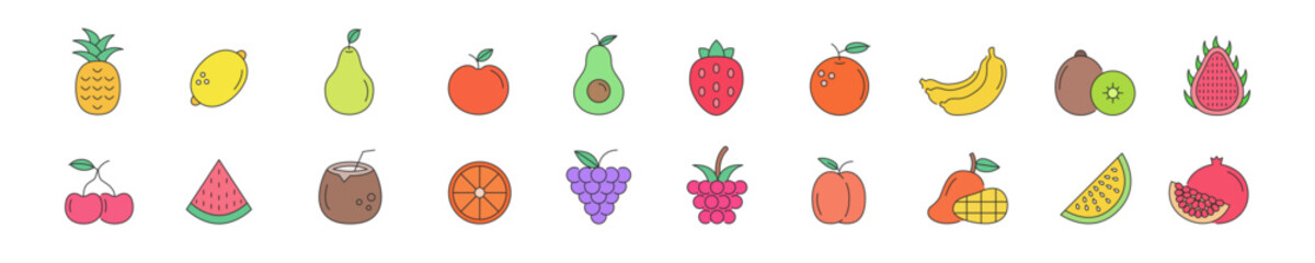 Set of color icons with fruits in linear style. Vector illustration.