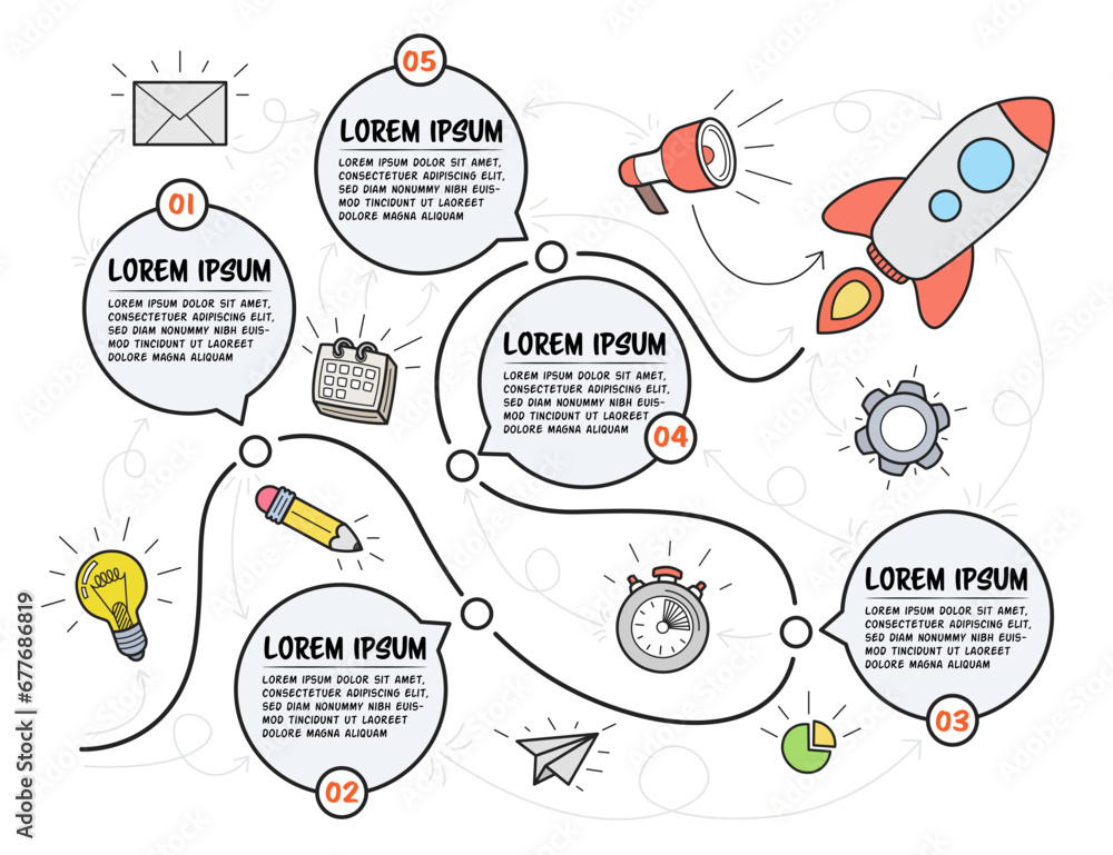Poster hand drawn multipurpose infographic template with rocket. five steps with text boxes. vector illustr