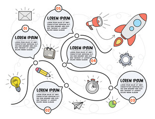 Hand drawn multipurpose infographic template with rocket. Five steps with text boxes. Vector illustration.