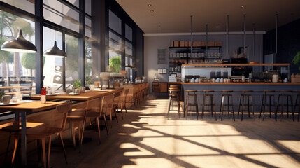 Third Wave Coffee Shop Interior Cafe. cafe bar restaurant nobody indoor. coffee shop. generative ai