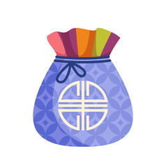 Korean lucky pouch concept. Asian traditions and culture. Blue bag with surprise. Template and layout. Gift or present. Cartoon flat vector illustration isolated on white background