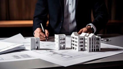 A professional architect meticulously works on a blueprint with a detailed architectural model of skyscrapers on the table.