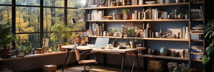 Interior design modern home office, Comfortable workplace, desk with computer monitor, stylish study room, beautiful home studio - obrazy, fototapety, plakaty