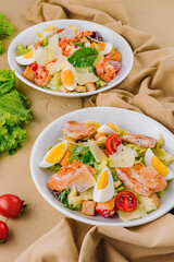 Chicken and shrimp caesar salad top view