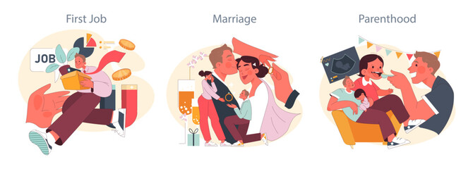 Life Milestones set. Young man celebrates first job, couple seals their love in marriage, parents joyfully nurture their child. Career start, romantic commitment, early parenthood. Flat vector.