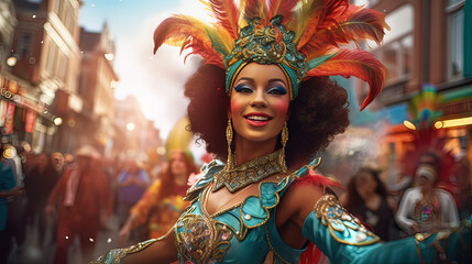 Horizontal medium close up photo mid adult african dancer performing in carnival. Tradition concept