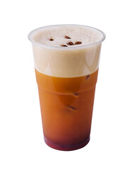 Iced coffee in plastic cup with coffee beans