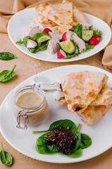 Homemade chicken liver pate with caramelized onions and lavash