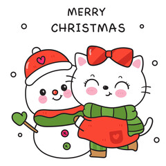 christmas greeting card with cat hug snowman kawaii animal kitten cartoon