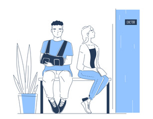 Medical service doodle concept. Minimalistic creativity and art. Man and woman wait to doctor. Patient visit doctor. Poster or banner. Linear flat vector illustration isolated on white background
