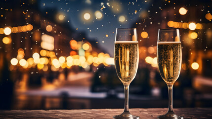 Champagne glasses sit on a table against the background of a festively decorated city square during winter celebrations. Christmas and New Year celebrations card with champagne. - obrazy, fototapety, plakaty