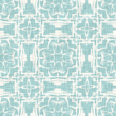 Teal aqua white vibrant watercolor batik azulejos tile background. Seamless coastal blur linen effect geometric mosaic effect.Boho Patchwork nautical masculine all over summer fashion repeat.