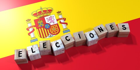 Spain - elections concept - wooden blocks and country flag - 3D illustration