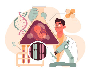 Genetic Screening concept. A scientist observes a fetus within a triangular flask, connecting the mysteries of DNA and genetic research. Exploring inherited traits. Flat vector illustration.