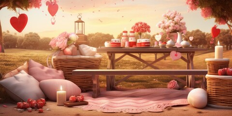 Romantic Picnic - Design a scene featuring a romantic picnic setting, complete with delicious treats