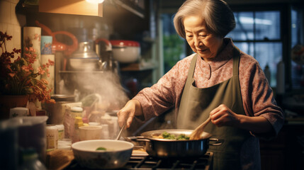 Elderly Japanese grandma, immersed in culinary chaos, cooks in her traditional Asian kitchen. A cultural tableau of family tradition and authentic culinary art
