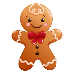 Vector illustration of cute Christmas gingerbread with red bow. Funny winter biscuits isolated on white background