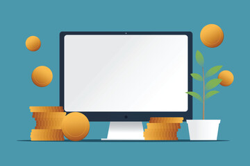 commerce finance vector illustration with coins computer plant for online marketing growth concept