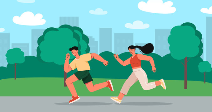 People run in morning concept. Man and woman with active lifestyle. Runners outdoor. Marathon and sprint. Sports competition or tournament. Poster or banner. Cartoon flat vector illustration