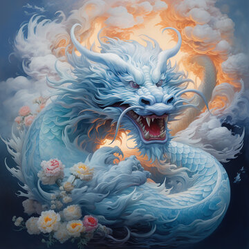 Blue dragon wrapped around flowers in the cloud by Ai generated