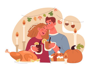 Joyful family celebrating Thanksgiving. American holiday dining and gathering. Happy couple spending time together. Flat vector illustration