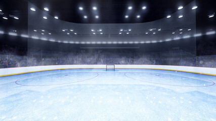 Ice hockey stadium, field with spotlights. View from gates of empty ice rink, sport arena wit indoor illumination. 3D render illustration background © Lustre Art Group 