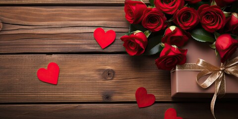 Valentine's Treasures - Create a captivating Valentine's Day concept with red hearts, delicate rose flowers, and a gift box carefully arranged on a wooden background