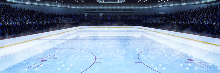 Aerial view. 3D model of empty ice rink, hockey arena before game. Stands with crowd and happy fans. 3D render illustration background. Concept of sport.