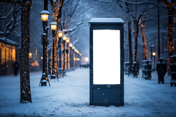 Mock up of a blank signboard on the street in winter. - obrazy, fototapety, plakaty