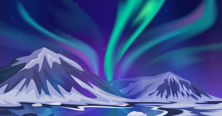 Northern lights against the mountains  and lake landscape.