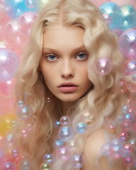 Obraz na płótnie Canvas Portrait of a pale blonde woman with an enigmatic expression amidst dreamy pastel bubbles
