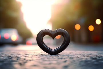 Car tire in the shape of a heart on the background of the city - obrazy, fototapety, plakaty