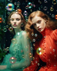 Two identical models in colorful dresses with a magical atmosphere created by floating soap bubbles