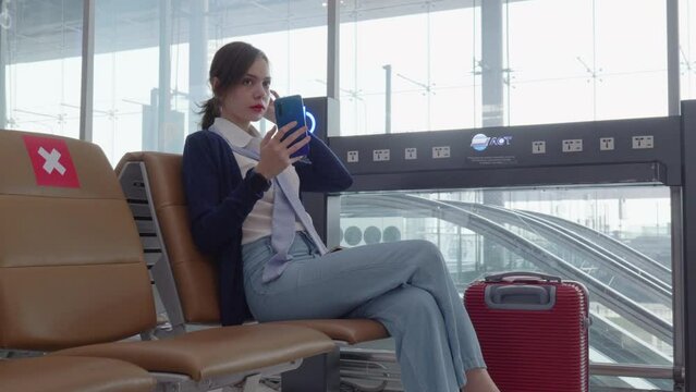 Asian tourist woman traveller with backpack using mobile phone in airport termina