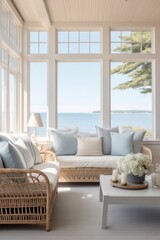 Elegant coastal sunroom with large windows offering stunning views of the ocean