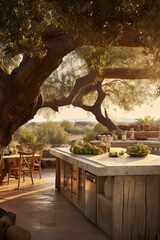 Rustic outdoor kitchen design with a long wooden island under the shade of an old olive tree