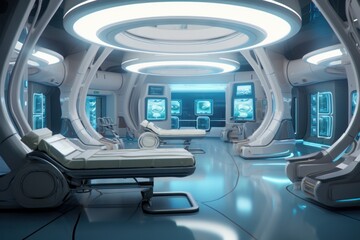 Sleek, modern medical bay or laboratory interior with futuristic design and advanced technological equipment