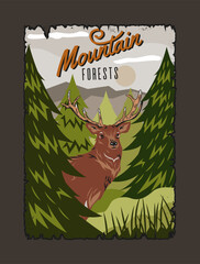 National park vintage poster. Deer near trees and hills, mountains. Wild life and fauna, nature. Graphic element for website. Cartoon flat vector illustration isolated on beige background