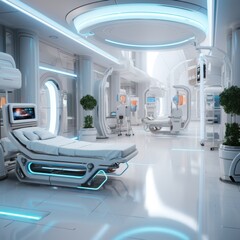 Cutting-edge hospital interior with futuristic design featuring robotic aids and advanced medical equipment